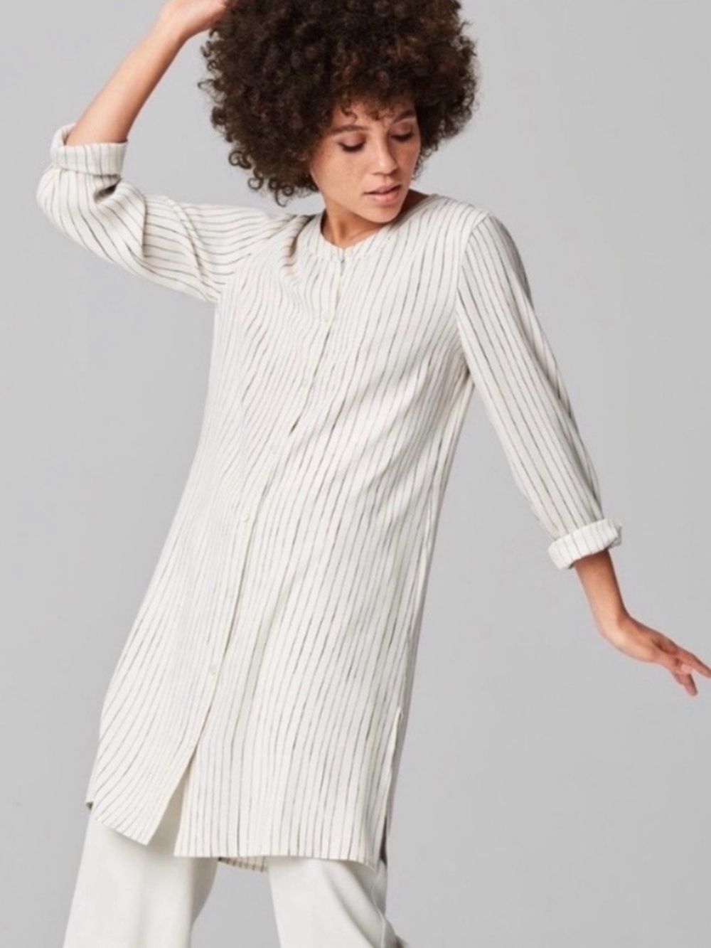 Eileen Fisher Painterly Stripe Silk Crepe Round Neck Long Shirt Size PS